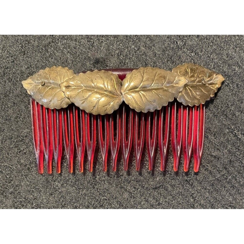 Vintage Red Celluloid Hair Comb With Brass Floral Flower Appliqué 3.25”